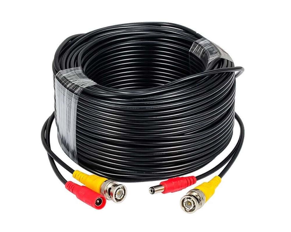 Black security camera cable close up