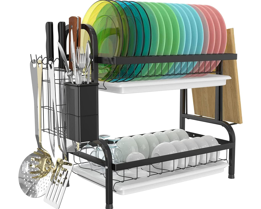 Black dish drying rack with trays