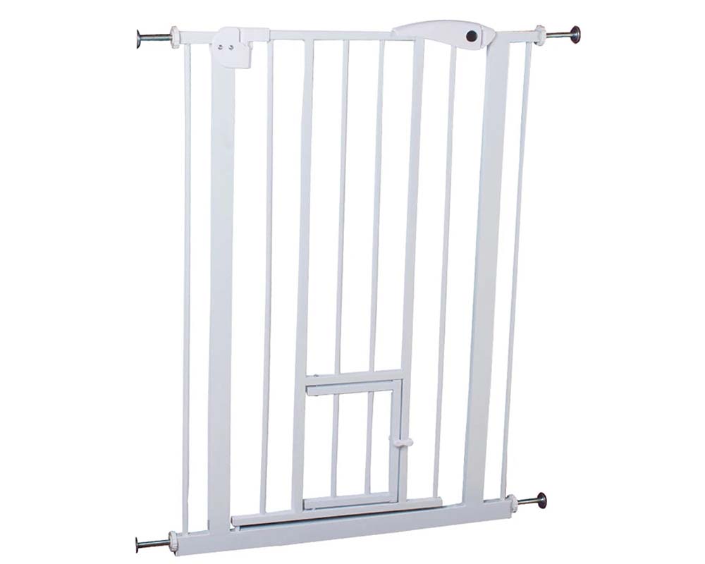 Safety gate with pet door open