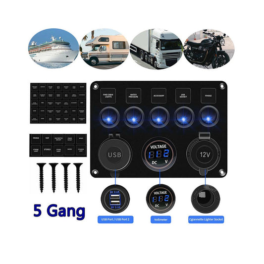 5 gang rocker switch panel front view