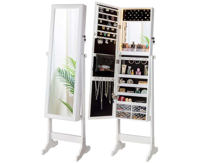 Standing Jewellery Cabinet With Led Lights Mirror - White
