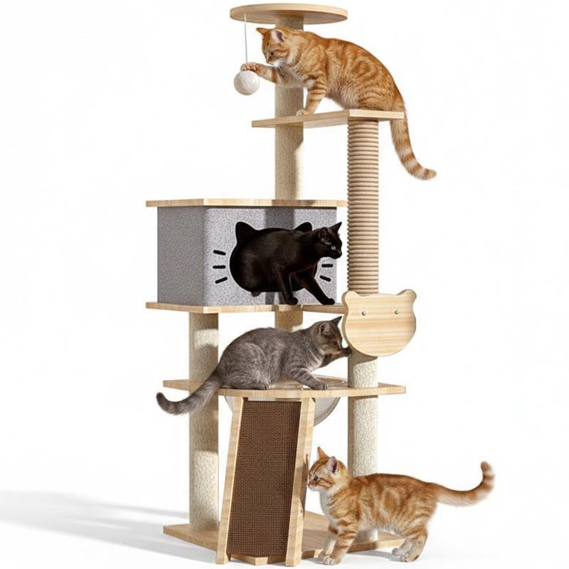 cat tree house in grey and cream