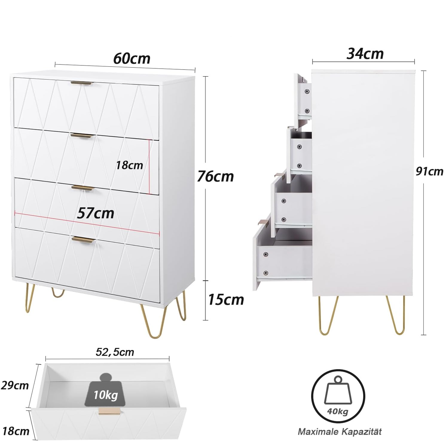 white dresser with gold knobs