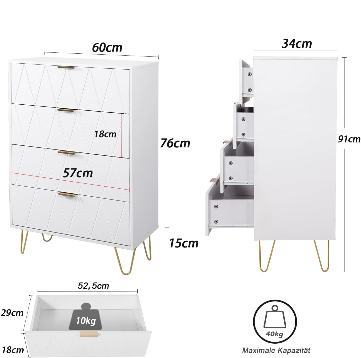 white dresser with gold knobs