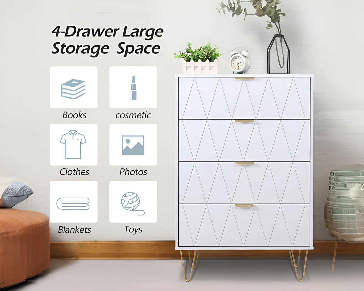 Tallboy Chest of Drawers -  4-Drawer Dressers for Bedroom (White)