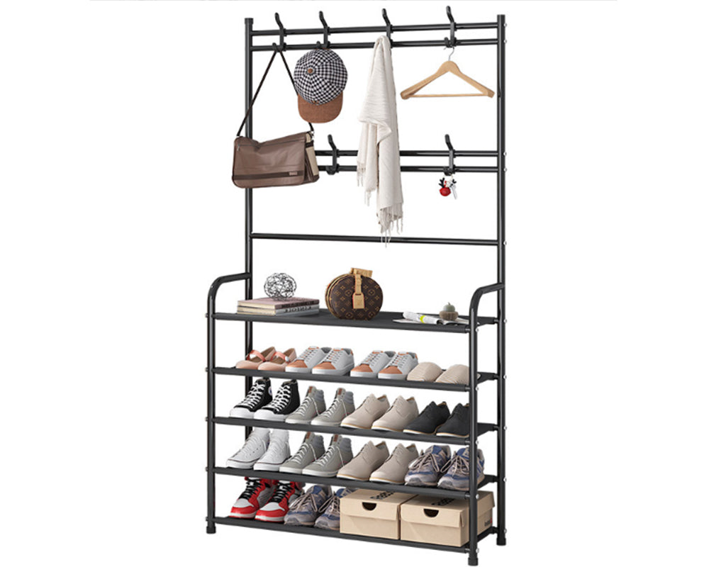 shoe rack with bags hanging
