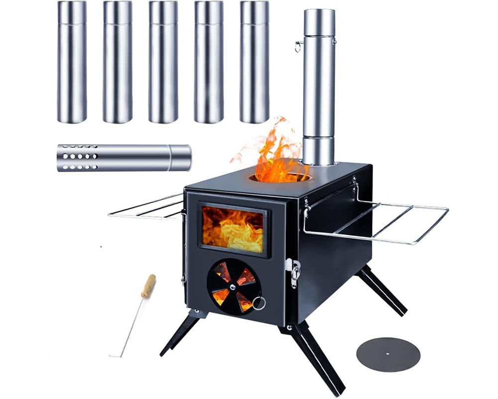 Camping stove with fire hook