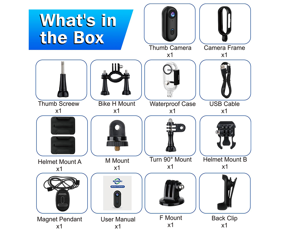 Sports Action Camera 4K Ultra-Compact Thumb Cam with Mounts for Outdoor, Vlogging & Adventure