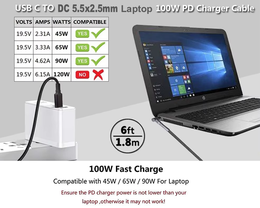 Universal USB-C Charger Cable for Dell Lenovo Asus Hp Acer Laptop