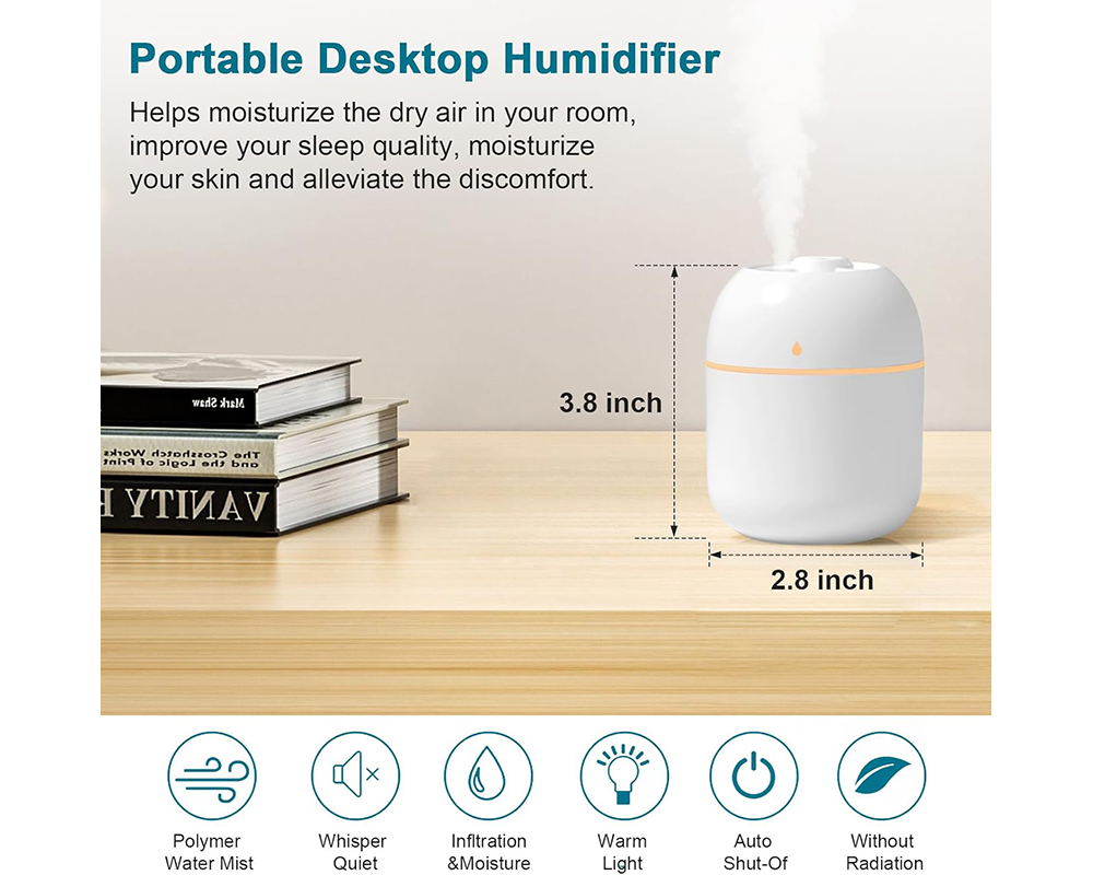 Small Humidifier 220ml USB Portable Air Humidifier with Night Light 2 Mist Modes