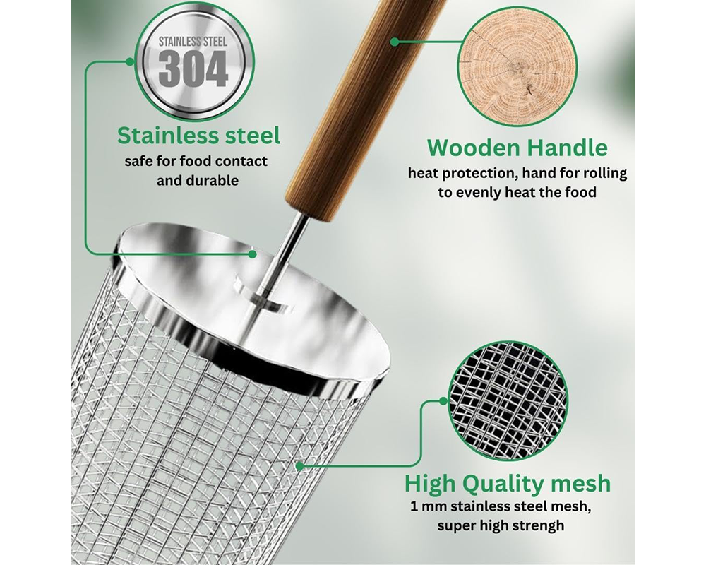 Rolling Grill Basket – Stainless Steel BBQ Net Tube for Meat, Vegetables & Seafood Outdoor Cooking