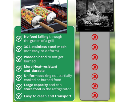 Rolling Grill Basket – Stainless Steel BBQ Net Tube for Meat, Vegetables & Seafood Outdoor Cooking