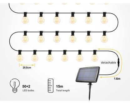 Solar Powered Festoon String Lights 15m with 50 Bulbs