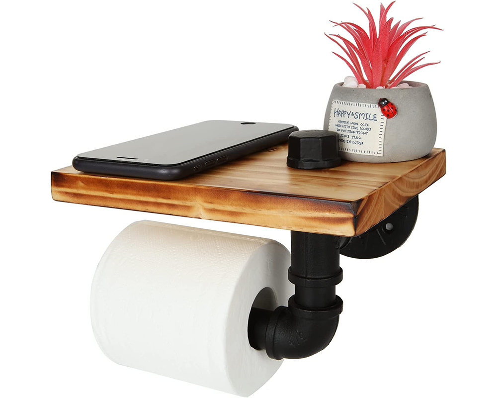 Industrial Toilet Paper Holder with Rustic Wooden Shelf