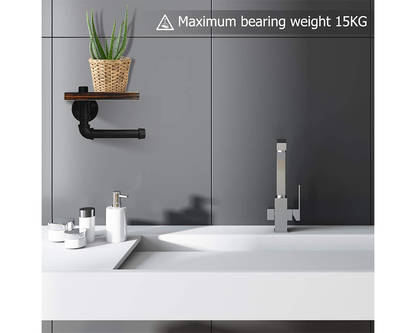 Industrial Toilet Paper Holder with Rustic Wooden Shelf