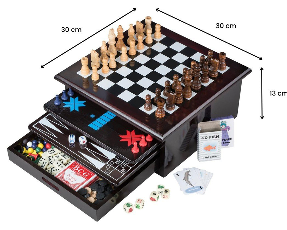 10 in 1 Wooden Chess Board Games Slide Out Checkers House Unit Set
