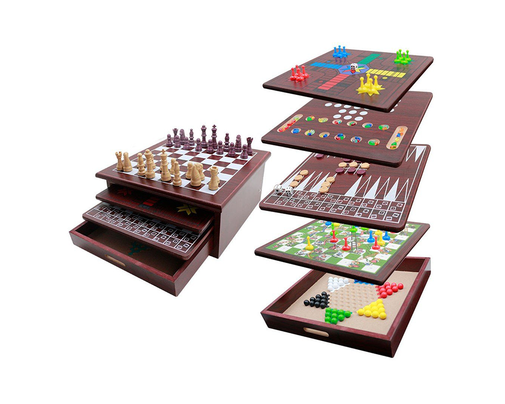 10 in 1 Wooden Chess Board Games Slide Out Checkers House Unit Set