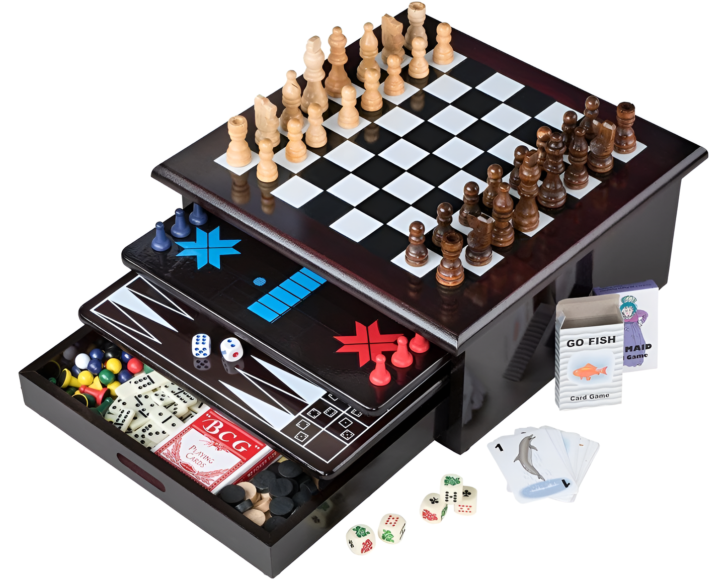 Board Game Set – Wooden 15-in-1 Family Board Game Set Chess Set Cards & More