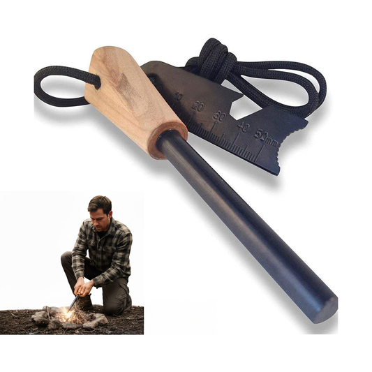 Survival fire starter with wood handle