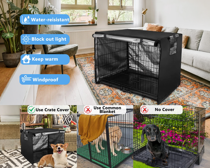 Dog crate cover protecting pet