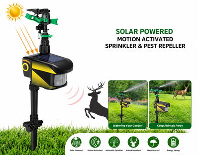 Solar Powered Motion Sensor Activated Animal Repeller Repellent Water Sprinkler