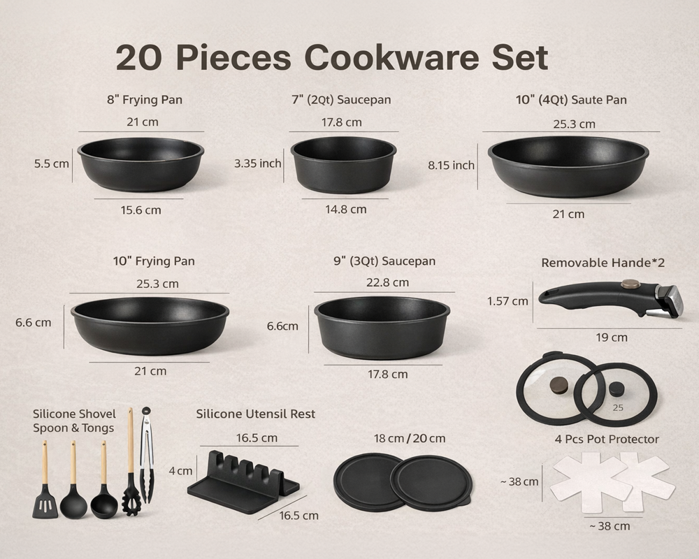 Ceramic Nonstick Pots and Pans Set with Removable Handles – Stackable Storage