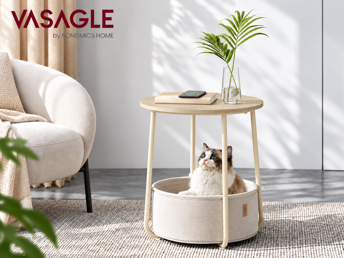 Round Side Table with Fabric Basket