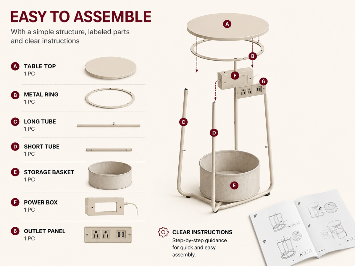 VASAGLE Side Table with Charging Station