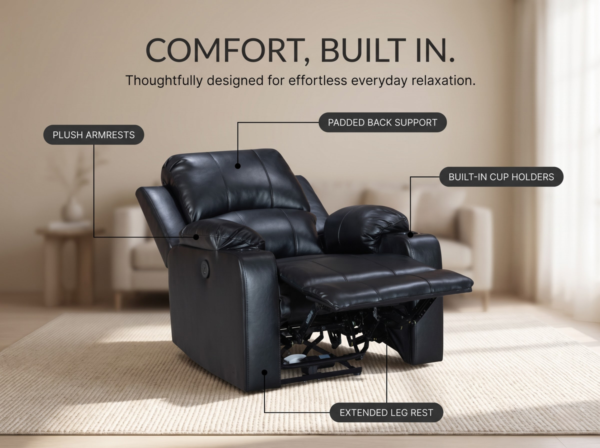 Recliner Chair Leather Gel Black with Cup Holders