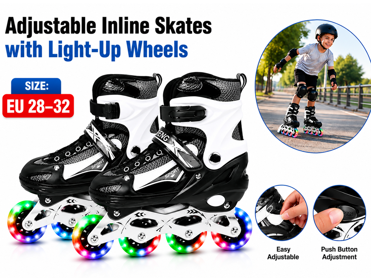 Kids Adjustable Inline Skates with Light Up Wheels Size 28-32