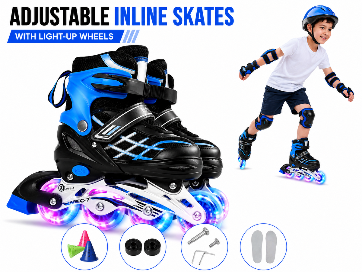 Kids Adjustable Inline Skates with Light Up Wheels Size 33-37