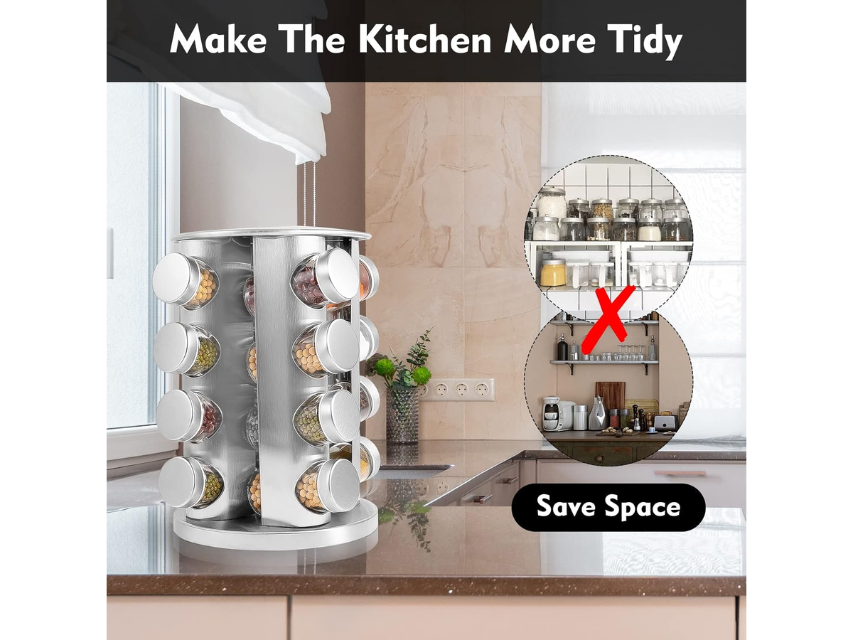 Spice Rack Stand Carousel Rotating Glass 16 Jars