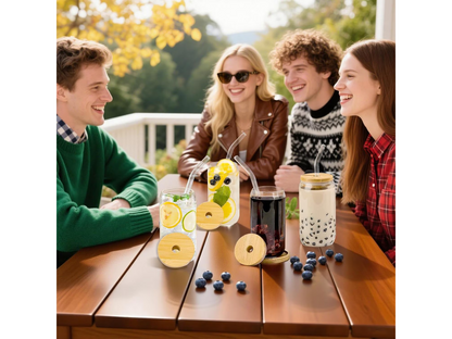 4 Pack Drinking Glass Cup with Bamboo Lid and Straw Set