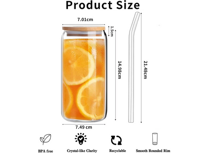 4 Pack Drinking Glass Cup with Bamboo Lid and Straw Set