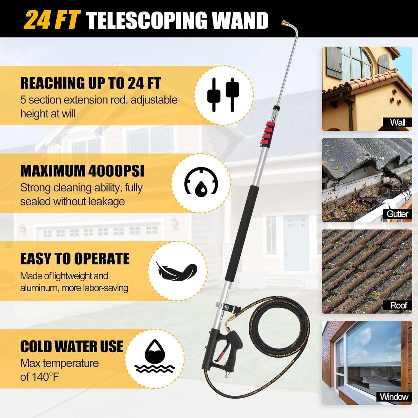 Telescoping Pressure Washer 7.3m Pole with Harness