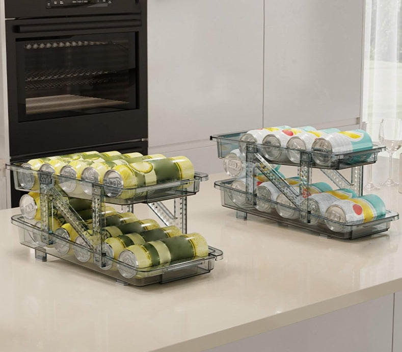 2PC Infinite Telescopic Beverage Storage Box, Two-Tier Automatic Rolling Soda Can Storage Organizer