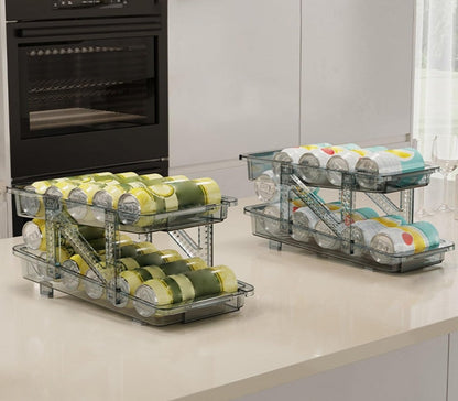 2PC Infinite Telescopic Beverage Storage Box, Two-Tier Automatic Rolling Soda Can Storage Organizer