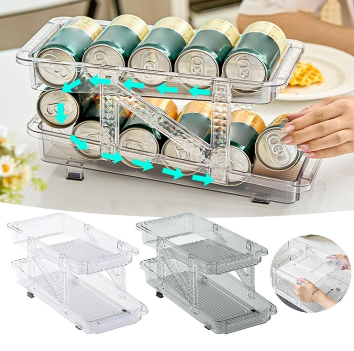 2PC Infinite Telescopic Beverage Storage Box, Two-Tier Automatic Rolling Soda Can Storage Organizer