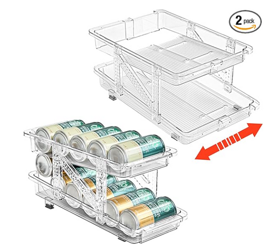 2PC Infinite Telescopic Beverage Storage Box, Two-Tier Automatic Rolling Soda Can Storage Organizer