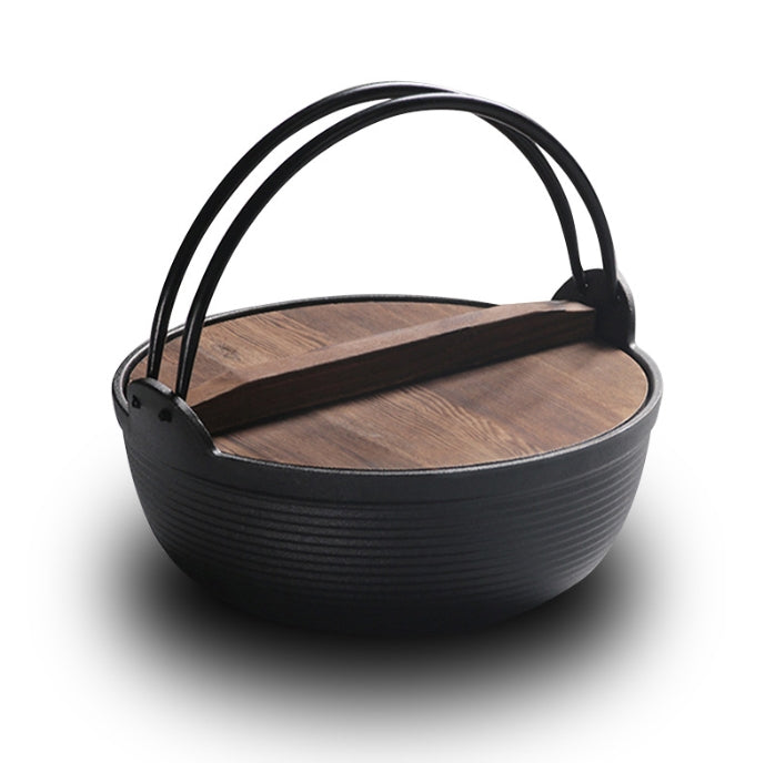 25cm stew pot Japanese Style Sukiyaki Tetsu Nabe Pot with Wooden Lid and Double Handle Cast Iron Pot