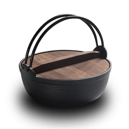 25cm stew pot Japanese Style Sukiyaki Tetsu Nabe Pot with Wooden Lid and Double Handle Cast Iron Pot