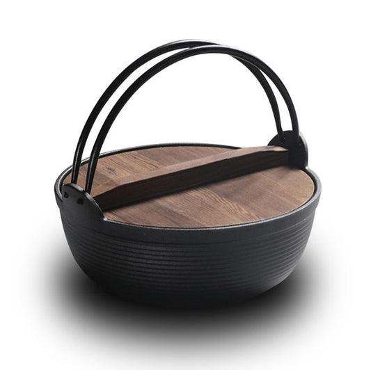 25cm stew pot Japanese Style Sukiyaki Tetsu Nabe Pot with Wooden Lid and Double Handle Cast Iron Pot