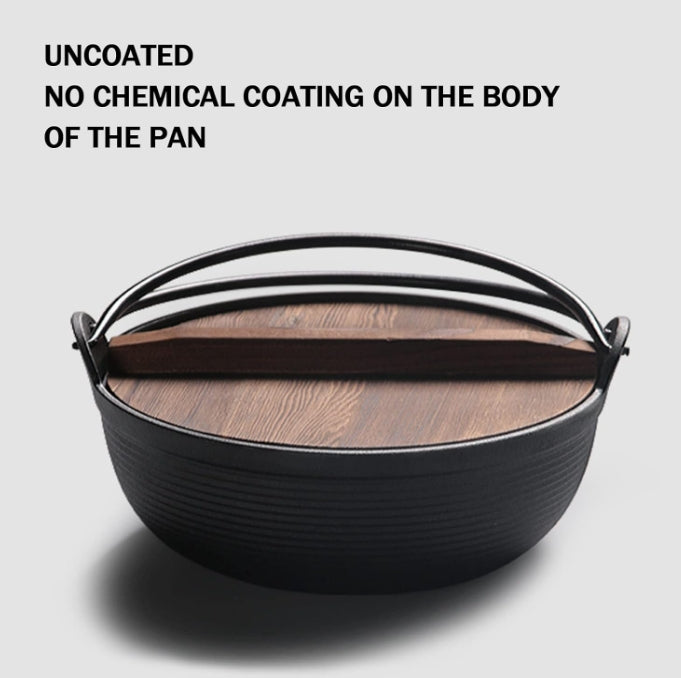 25cm stew pot Japanese Style Sukiyaki Tetsu Nabe Pot with Wooden Lid and Double Handle Cast Iron Pot