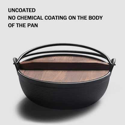 25cm stew pot Japanese Style Sukiyaki Tetsu Nabe Pot with Wooden Lid and Double Handle Cast Iron Pot