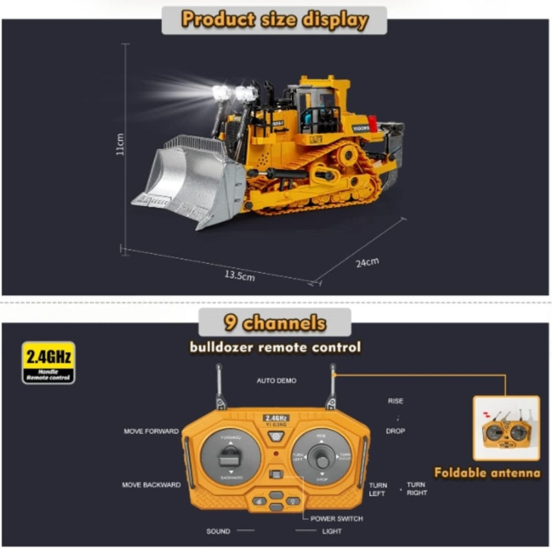 Toy Boys Construction Vehicle Toys Birthday Gifts Ideas With Light Sound Metal Shovel Ripper Dozer Front Loader Toy 9 Channel 2.4Ghz Gift