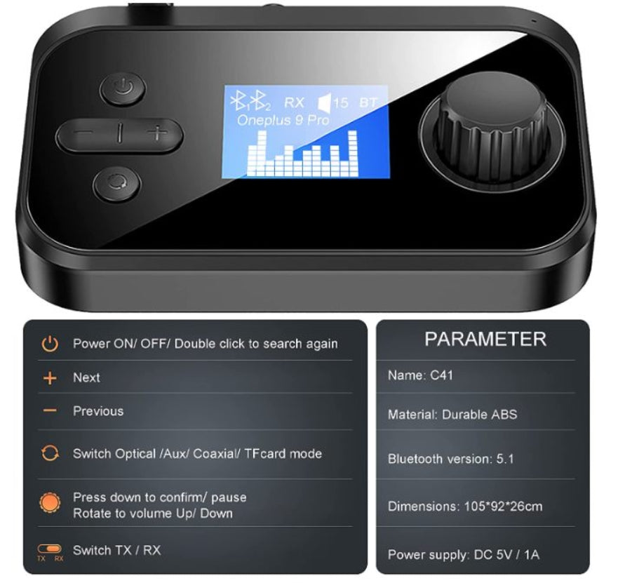 Bluetooth Receiver and Transmitter Bluetooth 5.1 Support 2 Headsets 3.5mm AUX
