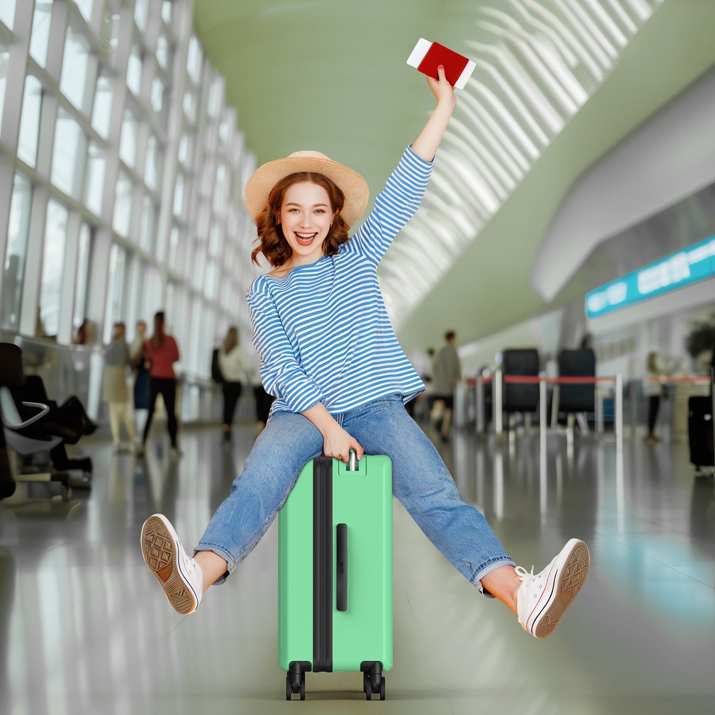 Hard Shell Carry On Luggage & Suitcase With Laptop Compartment  and USB Charger | Travo One Access | Mint Green | 56 cm