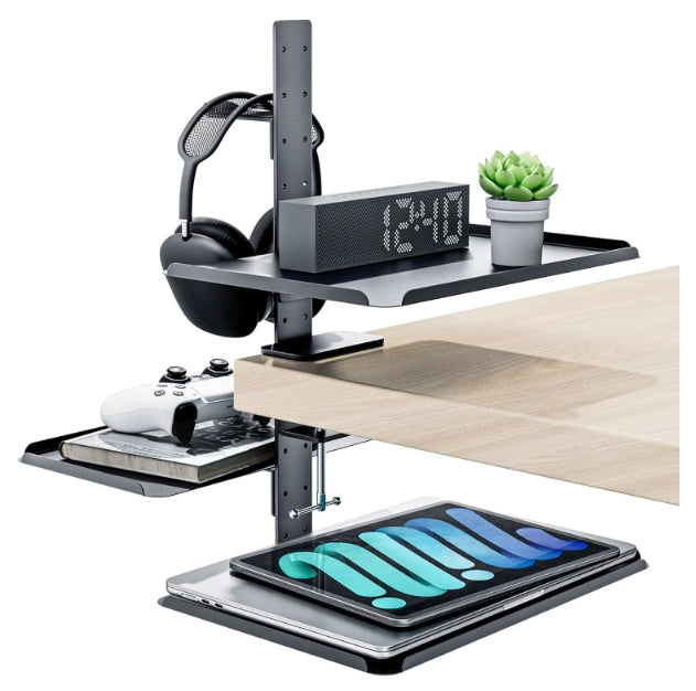 Clamp-On Desk Shelf Organizer Desktop or Under Desk 3-Tier Adjustable Metal Storage Tray