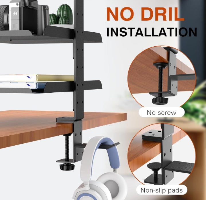 Clamp-On Desk Shelf Organizer Desktop or Under Desk 3-Tier Adjustable Metal Storage Tray