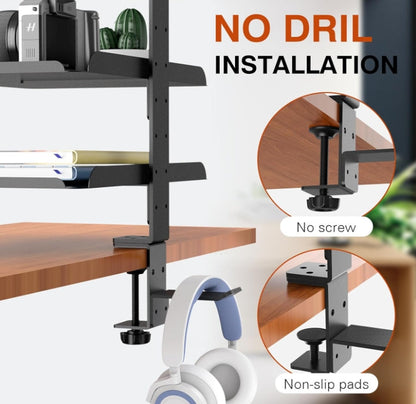 Clamp-On Desk Shelf Organizer Desktop or Under Desk 3-Tier Adjustable Metal Storage Tray